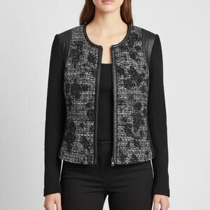 Rebecca Taylor Dalia Moto Jacket Blazer Size 2 Black Tweed Faux Leather Trim